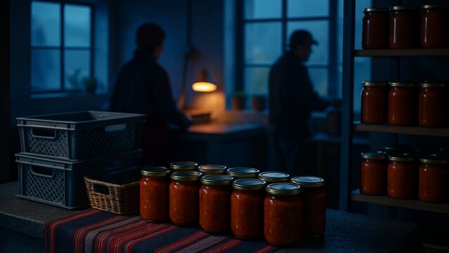 Warm ambient lighting illuminates stacked wooden crates and rustic wooden barrels, suggesting storage or a vintage market setting, perfect for cozy seasonal ambiance