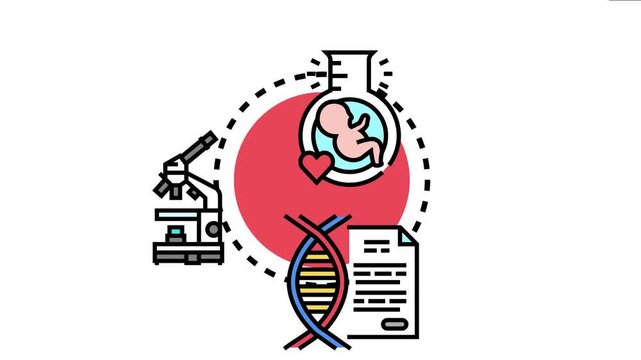 Biological sample cryopreservation concept depicting a fetus in a test tube. A microscope. Dna. And a document