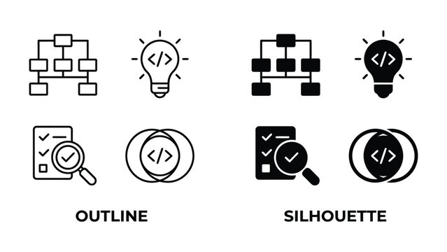 Coding Icons Set: A collection of outline and silhouette icons representing coding, programming, and software development, including a flowchart, lightbulb with code, checklist with magnifying glass.