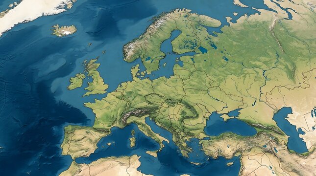 Satellite view of the European continent showing geography, coastlines, and landmass details.