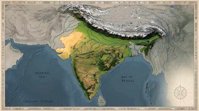 Detailed physical relief map of India showing topography and surrounding ocean regions.