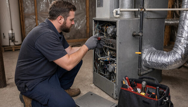 Certified HVAC contractor troubleshooting electronic ignition and gas valve assembly on home furnace