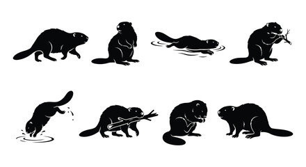 Naklejka premium Beaver silhouettes depict various poses and activities in a vector illustration
