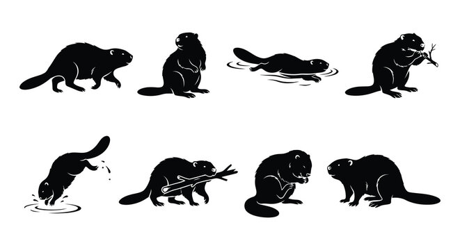 Beaver silhouettes depict various poses and activities in a vector illustration