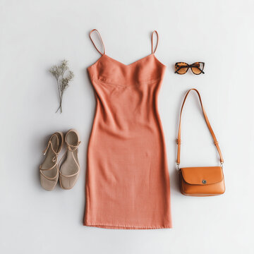 Women Orange Silk Dress Accessories Flatlay