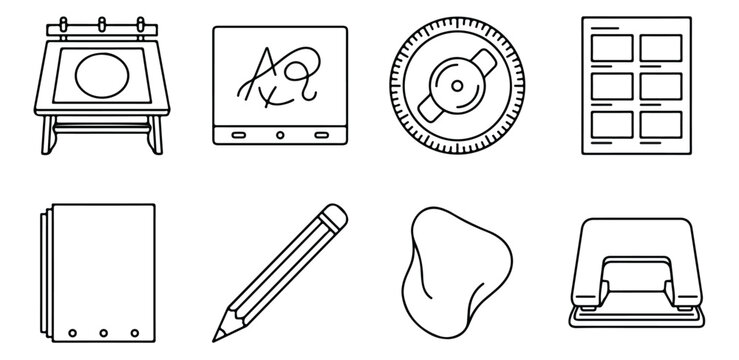 Minimalist animation studio icons, 8 line art vector elements for traditional 2D workflow, creative drawing tools and office supplies