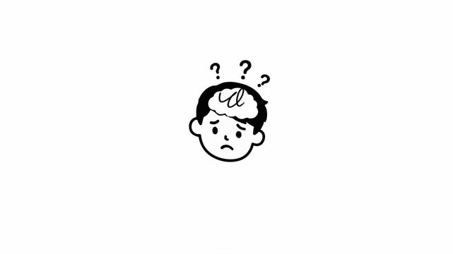 Confused man faces animation with question marks and brain icons