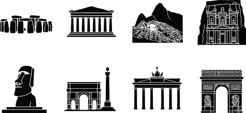 Ancient Historical Landmarks Vector Icon Set Featuring Parthenon Machu Picchu Petra Stonehenge Moai Gate