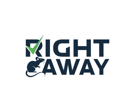 Right Away pest control logo design with rat silhouette and checkmark vector illustration