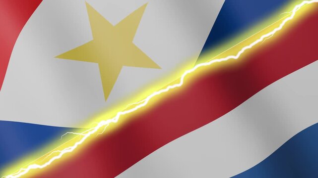 Two waving flags Saba and Netherlands with diagonal lightning seamless, 4k loop