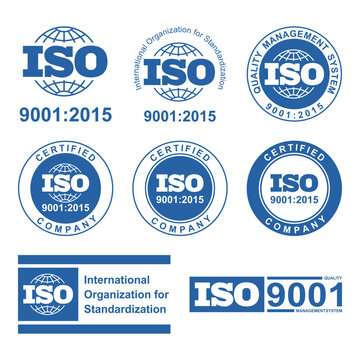 ISO 9001:2015 Quality Management System Certification Badge Set &ndash; Blue Certified Company Logo Collection