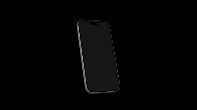 Angled phone mockup floats isolated over complete dark background. Darkened screen surface waits for custom interface graphic placement. Premium device design shines with smooth edges.