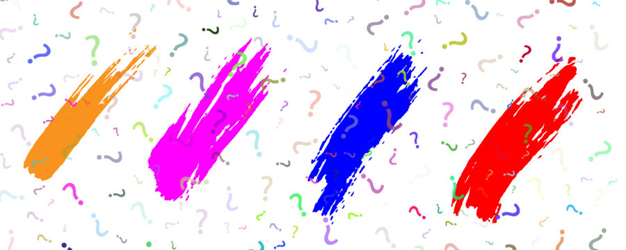 Abstract background with colorful paint brush strokes over a seamless pattern of multicolored question marks on white backdrop. Creative concept template for banners and quizzes.