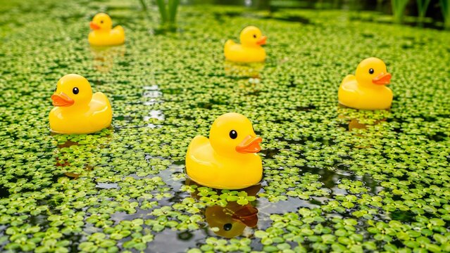 Duckweed fills a garden pond where yellow rubber ducks float among dense green aquatic plants, blending playful childhood imagery with freshwater ecology, sustainability, and environmental awareness.
