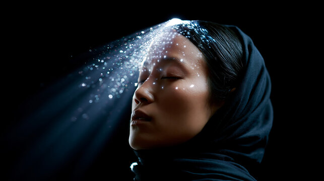 a serene portrait of a woman with glowing white particles dissolving around her face representing futuristic technology digital transformation and artificial intelligence concept