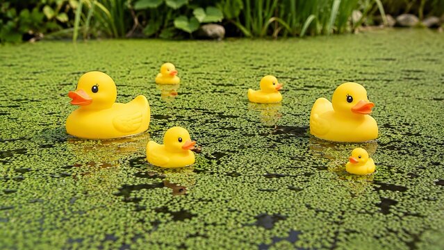Duckweed carpets a garden pond around yellow rubber ducks of different sizes, creating a playful family scene combining childhood nostalgia with aquatic ecology, green living, and water stewardship.