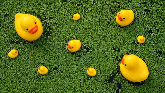 Duckweed surrounds yellow rubber ducks floating across dark pond water from above, forming a playful visual metaphor for aquatic ecosystems, sustainability, water quality, and environmental care.