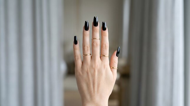 Elegant woman hand displaying glossy black manicure and golden rings