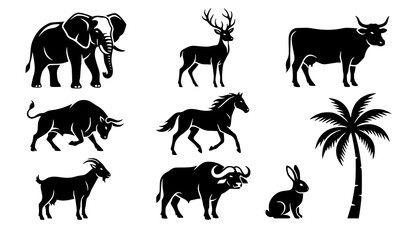Fototapeta premium Wildlife Animal and Palm Tree Black Silhouette Vector Collection Deer Elephant Cow