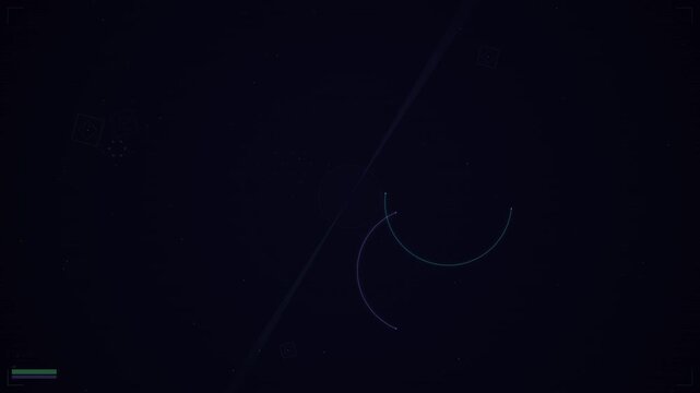 Abstract looping geometric shapes with glowing arcs and floating cubes in a dark cosmic void