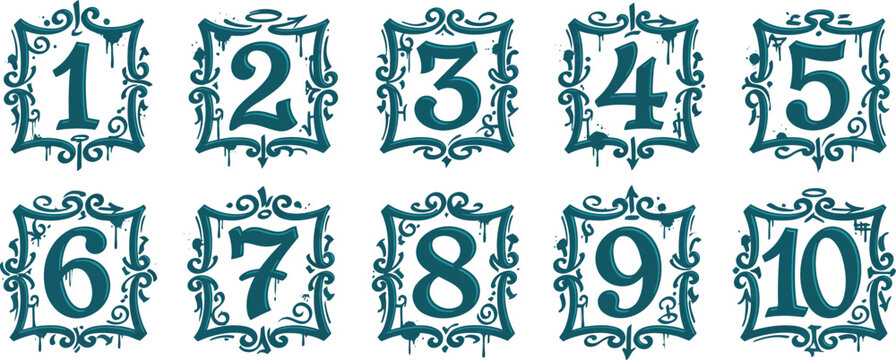 A collection of ten decorative numbers from 1 to 10, each enclosed in an ornate teal frame with intricate scrollwork.