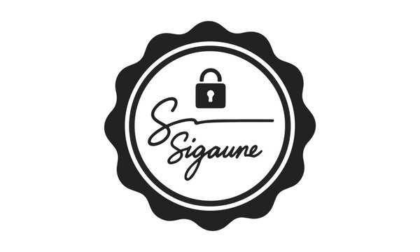 Digital signature seal vector icon, rounded badge stamp with padlock and script signature symbol for document verification, legal agreement, and secure authorization concept