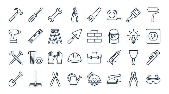 Collection of hand tools including wrenches hammers screwdrivers pliers and more in black and white