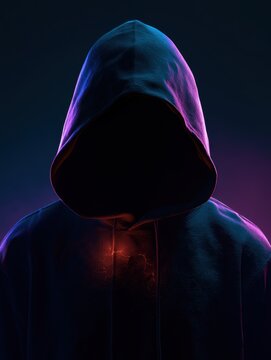Anonymous hacker in a dark hood lit by blue and purple neon light, mysterious figure wearing a dark hoodie with glowing face, cyberpunk concept art of a silhouette man in a hooded sweatshirt