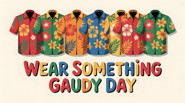 Wear Something Gaudy Day Social Media Banner, Colorful Hawaiian Shirts, Bold Floral Patterns, Fun Fashion Holiday, Vibrant Style, Creative Poster Design