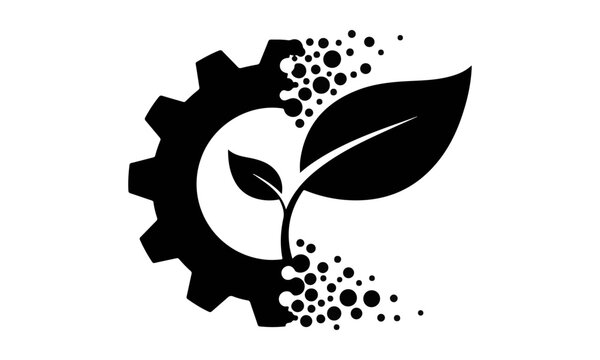 Green technology vector icon, gear and sprouting leaf combination symbol for sustainable industrial growth, eco-friendly automation, and green energy concept