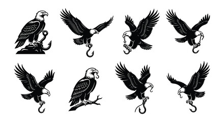 Obraz premium Black and white vector illustrations of eagles with fish and branches