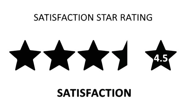 Satisfaction star rating vector icon, 4.5 out of 5 stars review symbol for customer feedback, evaluation, service quality, and product assessment concept
