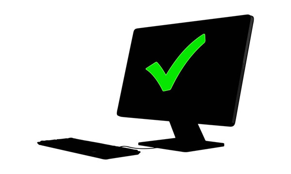 Desktop computer screen with green checkmark vector icon, completed task symbol for online system approval, desktop security, system verified, and software setup success