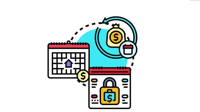 Automated monthly payment plan concept features recurring money transactions, a scheduled calendar indicating regular deposits, and a secure locked payment representing financial stability