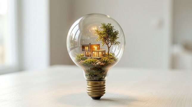 Small house and tree inside a glass light bulb representing sustainable living and eco home