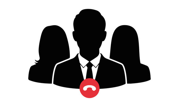 Team customer support call vector icon, business team avatars with end call button symbol for conference call, hotline service, customer care, and group communication