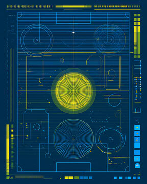 Futuristic blue and yellow digital hud display with glowing circles