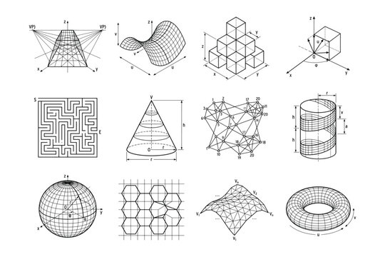 Geometry, spatial figures, 3d shapes, architectural schematics, technical drawings