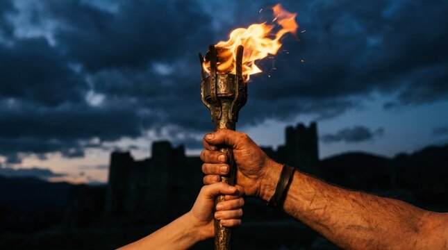 Hands Holding Burning Torch in Dark Night
