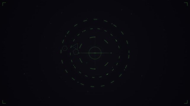 Green radar display with looping scan circles and tactical markers against a dark background