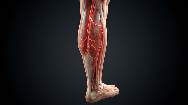Detailed illustration of human lower limb vascular system highlighting arteries and blood flow