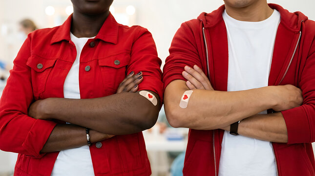 Close-up of diverse individuals with bandages on their arms, symbolizing health or medical care in a modern urban setting