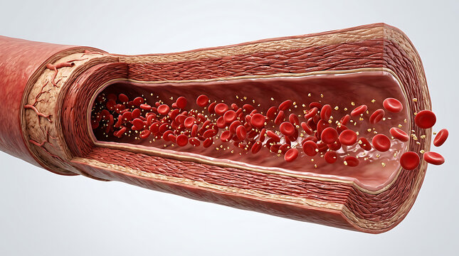 Detailed medical illustration of an artery showing blood flow and red blood cells in cross-section