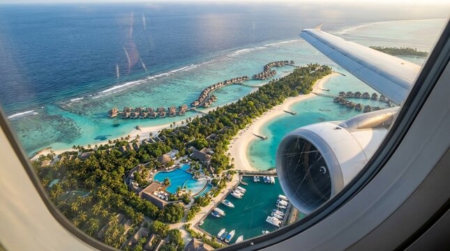 Aerial view of turquoise tropical ocean meeting pristine white sand beaches, idyllic resort setting, perfect vacation paradise, clear blue skies overhead