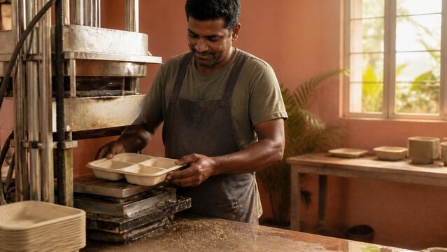 adult indian man, wearing apron, working with industrial molding machine, producing biodegradable packaging, sustainable manufacturing workshop