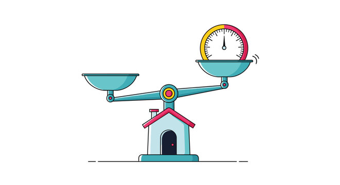 Balance scale featuring a small house on one side and a large circular timer gauge on the other side in a flat graphic style.