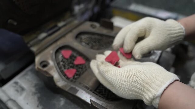 Gloved hands placing pink rubber heart shaped inserts into an engraved sole mold at a Japanese rubber boot workshop
