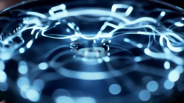 Circular water surface with illuminated patterns reflecting light, showcasing dynamic fluid motion and intricate wave formations in a close-up view