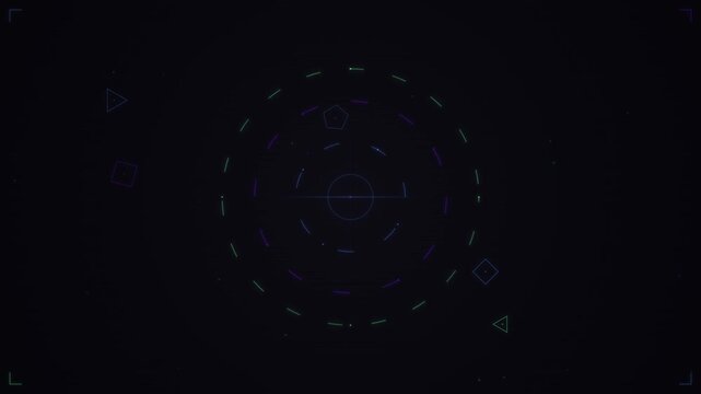 Looping animation of colorful geometric shapes orbiting around a central circle on dark background