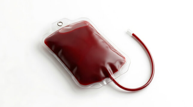 Vista detallada de una bolsa de sangre con volumen y tubo conectados para transfusi?n m?dica en un entorno cl?nico limpio y